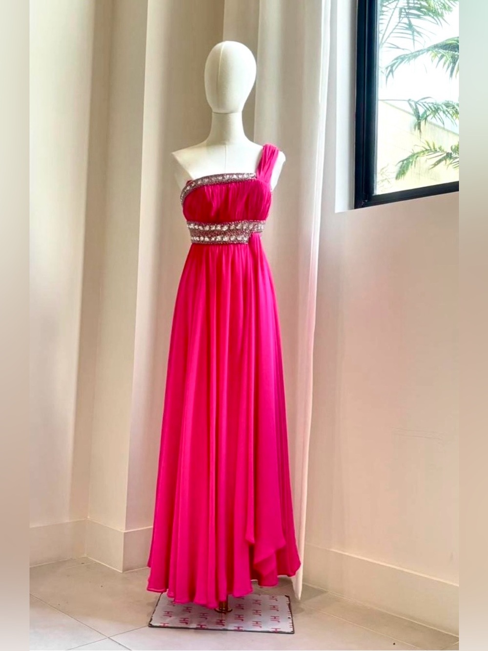 May Queen fuchsia one-shoulder evening gown with beaded embellishment